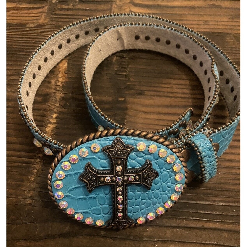 Ladies Western Turquoise Cross Leather Belt with Rhinestones Size M/L